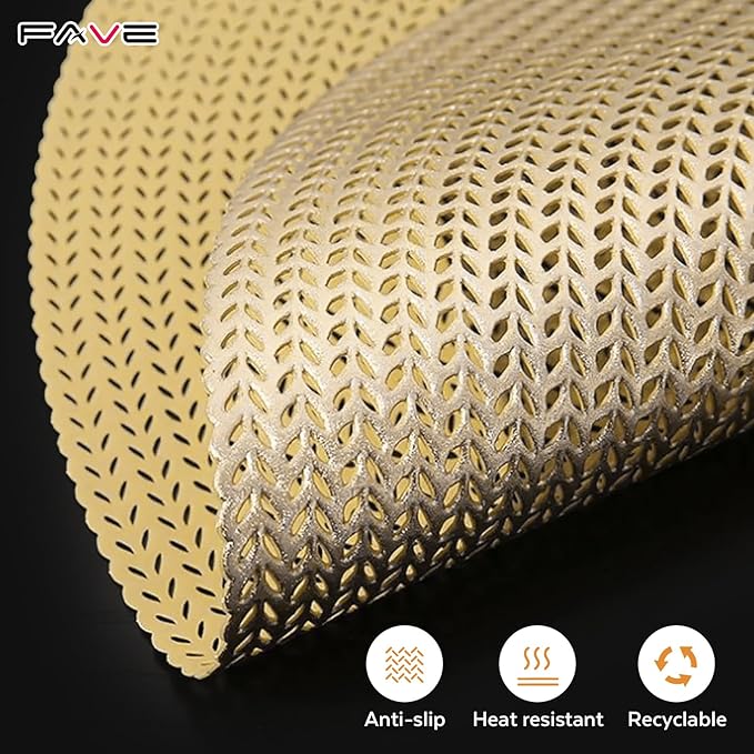 FAVE 6PCS Gold Vinyl Round Placemats, Wheat Sheaf Design 15 Inch Placemats Set of 6 Washable for Dining, Events, Banquet, Home & Daily Use (Gold Wheat,6pcs)