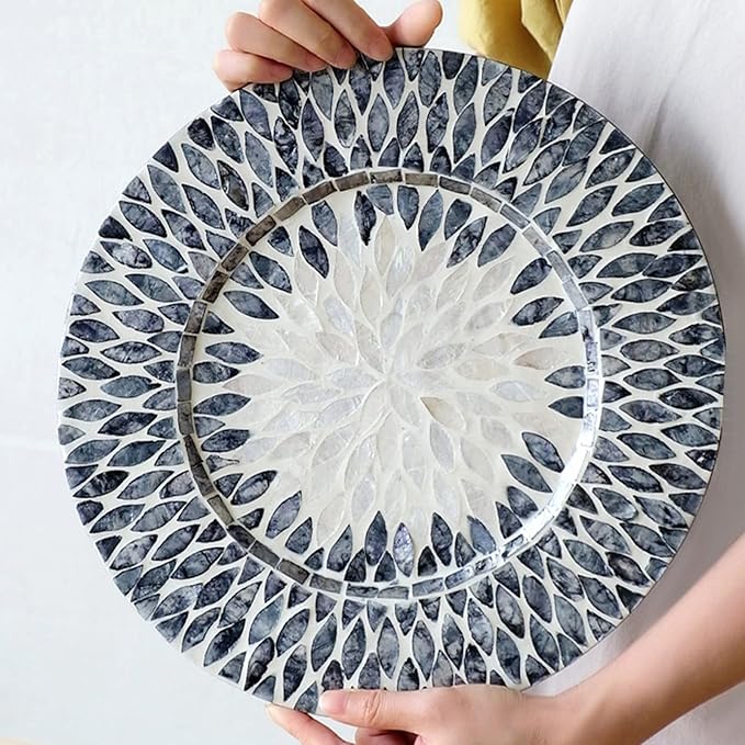 i-lan 2 Pack 13 Inch Mother of Pearl Decorative Charger Plates for Display, Sea Shell Inlay Wood Charger Plates for Dining, Party, Modern Style Decor Placemats for Dinner Plates,Black