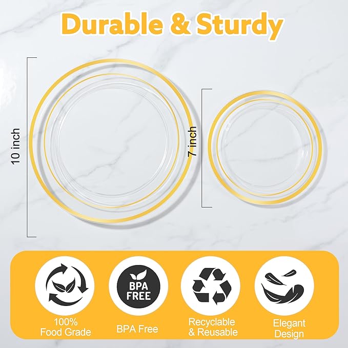 100 PCS Clear Gold Plastic Plates, Disposable Party Plates Include 50 Dinner Plate and 50 Dessert Plate Perfect for Holiday, Birthday, Wedding & Party