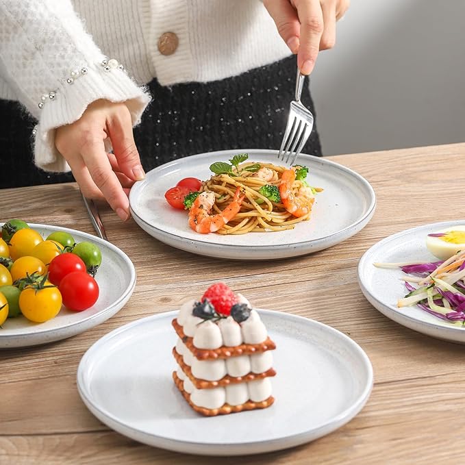 Ceramic Dinner Plates Set of 6,Stoneware 8 Inch,Microwave,Dishwasher and Oven Safe,Porcelain Dessert Plates for Pasta,Salad and Steak,Christmas Gift,Dishes for Kitchen,Scratch Resistant,White