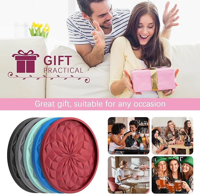 ME.FAN Silicone Coasters with Holder,[6 Pack] Drinking Coasters - Cup Mat for Hot or Cold Drinks, Thickened, Non-Slip, Non-stick,Deep Tray Teal Blue