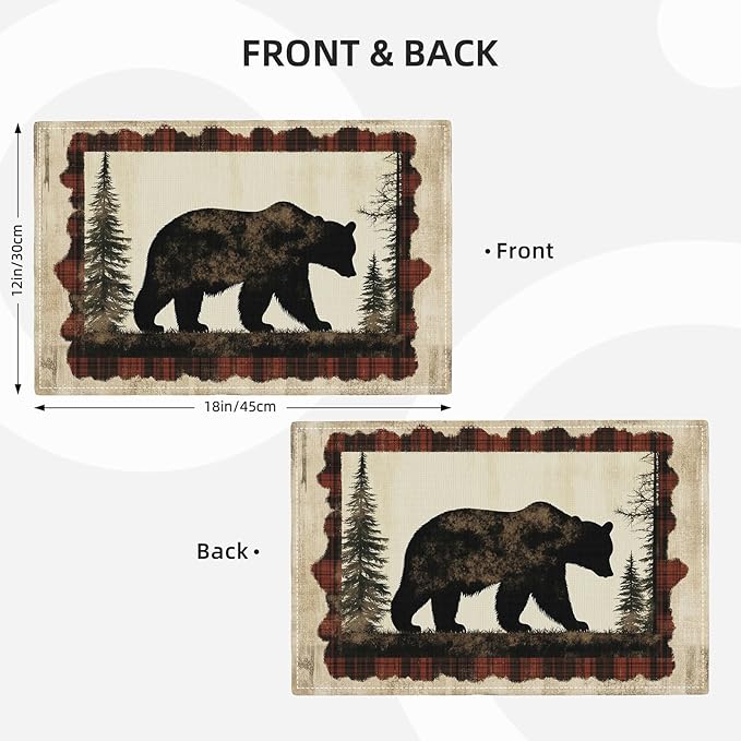 Bear Placemats Set of 4, Farmhouse Cabin Place Mats, Country Rustic Wild Animal Waterproof Washable Table Mats for Home Party Indoor Kitchen Dining Table Decoration 12x18 Inch