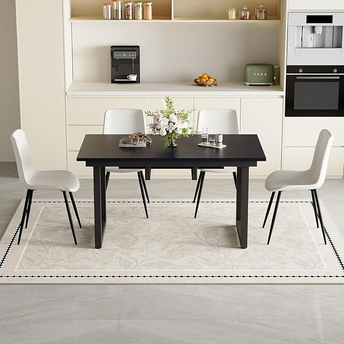 Extendable Dining Table Set for 4, 55"–71" Modern Black Kitchen Table with 4 Upholstered Chairs, Space-Saving for Living Room Apartment, Sturdy & Comfortable, Easy Assembly