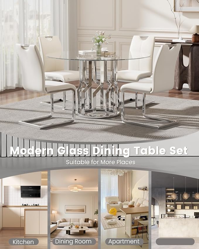 47.2" Round Glass Dining Table Set for 4, Modern 5 Piece Kitchen Table Set with Silver Stainless Steel Base & 4 PU Leather Accent Chairs, Saving Space, Dining Set for Apartment, Home - White Chair