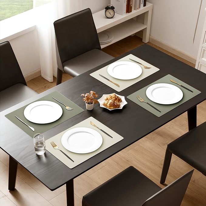 MOSAYT Vinyl Placemats Set of 6, Heat Resistant Place Mats 100% Waterproof Washable & Wipeable Faux Leather Reversible Table Mats for Kitchen Dining Party Indoor Outdoor, 12" x 17", Beige/Sage Green