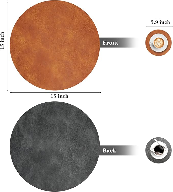 Round Placemats and Coasters Set of 8, Washable Reversible Faux Leather Placemats Cowhide Pattern Place Mats Wipeable Non-Slip 15 inch Round Kitchen Dining Table Mats (Gray Brown, 8)