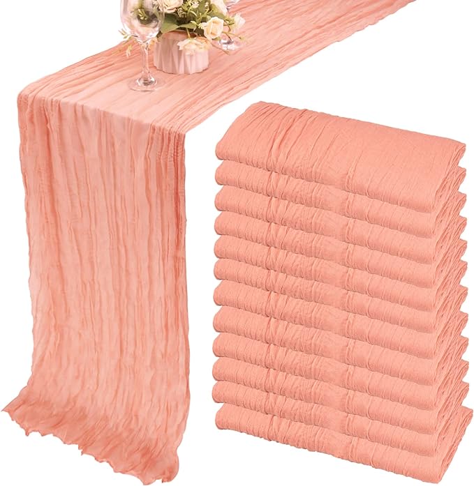 12 Pack 10Ft Cheesecloth Boho Gauze Table Runner - 35x120 Inch Rustic Cheese Cloth Long Table Runner for Wedding, Bridal Shower, Birthday Party Decor (Peach Coral)