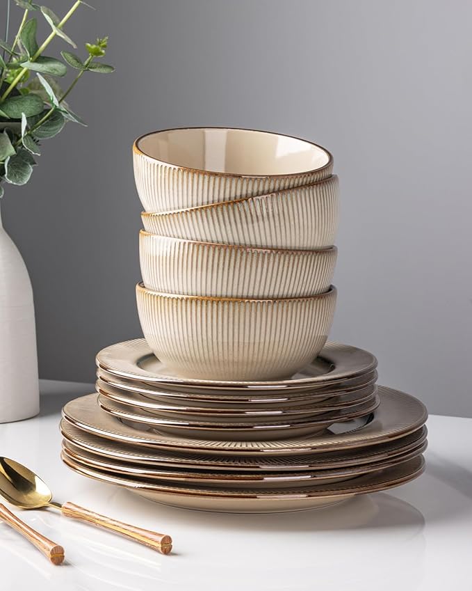 GBHOME Ceramic Dinnerware Sets, 18 Piece Embossed Elegant Stoneware Plates and Bowls Sets, Housewarming Wedding Gift | Dishwasher & Microwave Safe | Dishes Set Service for 6