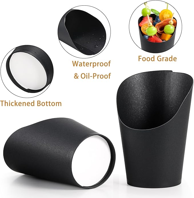 Disposable Charcuterie Cups 120 PCS with 200PCS Sticks and 120PCS Bags, 14 oz Kraft Paper Snack Boxes Appetizers Cup French Fry Holder with Cocktail Skewers Toothpicks Tooth Picks, Black