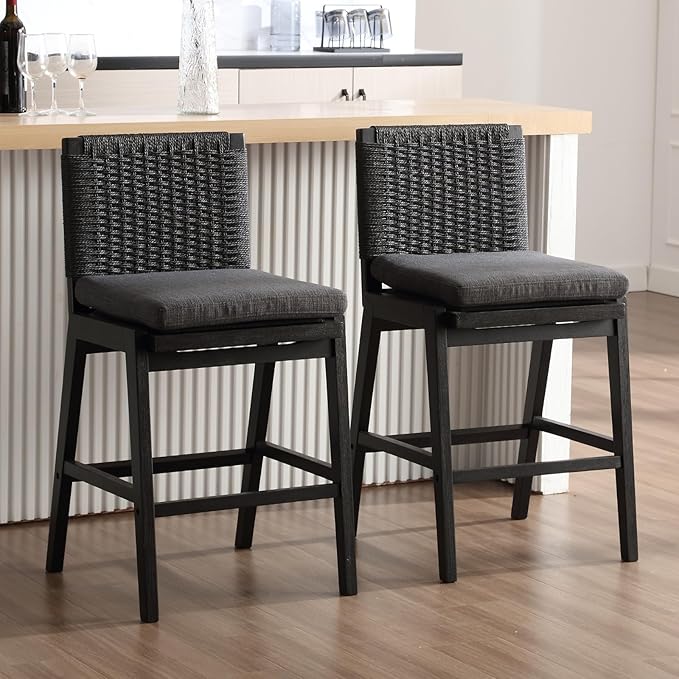 Mid Century Modern Counter Height Barstools Set of 6, 27” Linen Upholstered Counter Stools with Rope Woven Back Wooden Farmhouse Bar Stools for Kitchen Island Dining Room,Charcoal