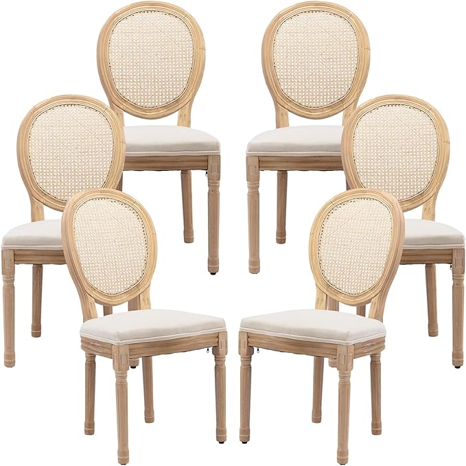 Vintage French Rattan Dining Chairs Set of 6, Solid Wood Frame with Round Rattan Back and Linen Upholstered Seat, Farmhouse Accent Sillas de Comedor Side Chairs for Dining Room & Kitchen, Beige