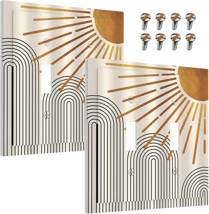 Decorative Light Switch Cover Mid Century Boho Sun Beige Minimalist Abstract 2 Gang Wall Plate Double Toggle Switch Plate Receptacle Electrical Outlet Cover Switchplate for Bathroom Bedroom（2 Pack）