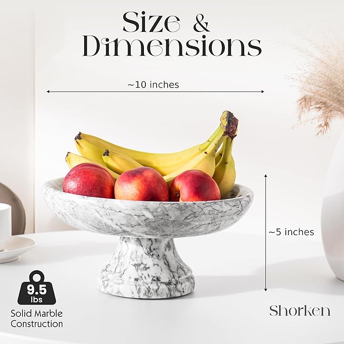 Decorative Marble Bowl with Anti-Slip Pads, Large Countertop Centerpiece and Modern Catch All Bowl for Entryway Keys - Elegant Large Fruit Bowl, White, ~10"