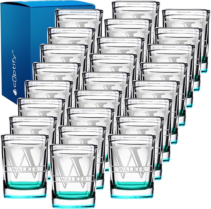 Personalized Square Shot Glasses Set of 25 Teal Bottom 2oz Engraved Initial and Name Custom Gifts, Weddings, Birthdays, Party, Event, Decorations