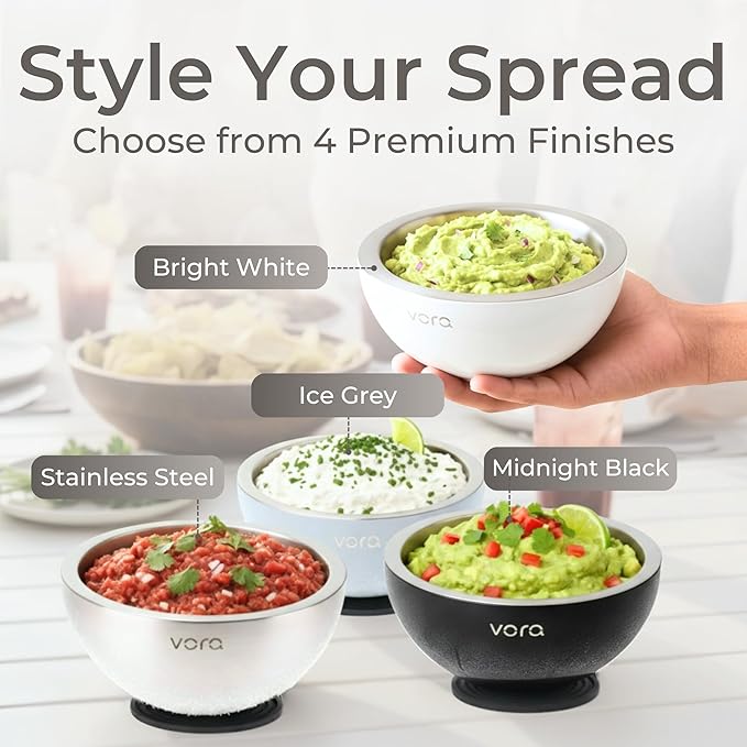 Vora 18oz Dip Chiller Bowl | Bright White Stainless Steel Chilled Dip Bowl for Dips, Guacamole, Hummus, Salsa | Insulated Serving Dishes with Easiest Water Fill & Refillable Chamber