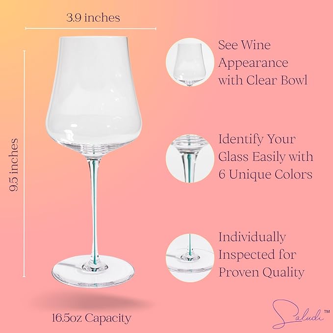 Saludi Tulip Colored Stem Wine Glasses - Set of 6 Hand Blown - Mixed Color Stems That Won’t Chip - Universal Tulip Bowl For Red And White Wine - Dishwasher Safe - Gift Ready