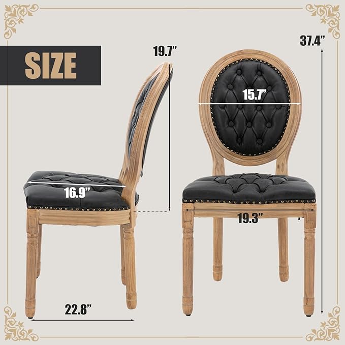 SoarFlash French Dining Chairs Set of 6, Vantage Dining Chair with Round Back, Farmhouse Country PU Leather Dining Chair for Kitchen,Bedroom,Black