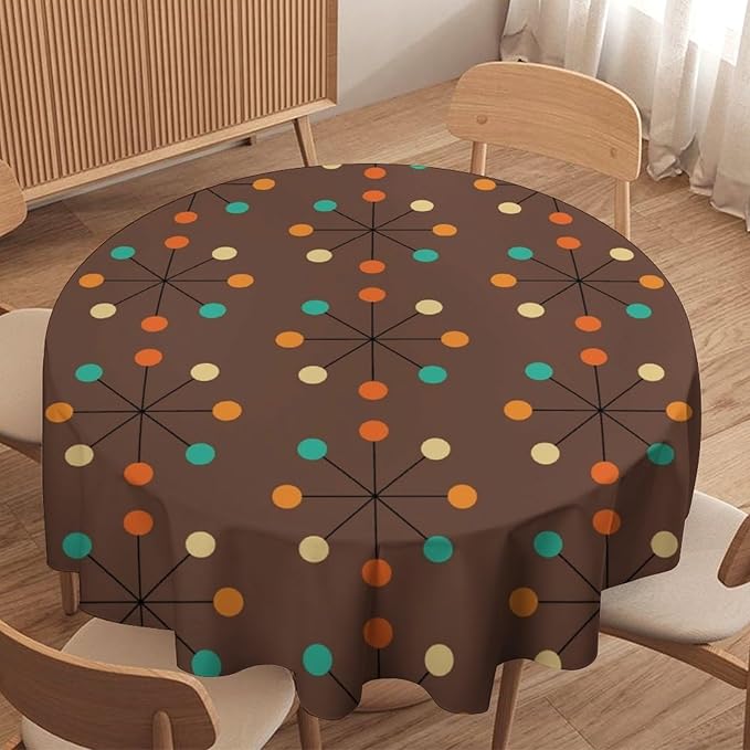 Mid Century Boho Round Tablecloth, 50s Mid Century Modern Geometric Pattern Tablecloth for Home Party Dining Room Kitchen Decor 50Inch(127cm)