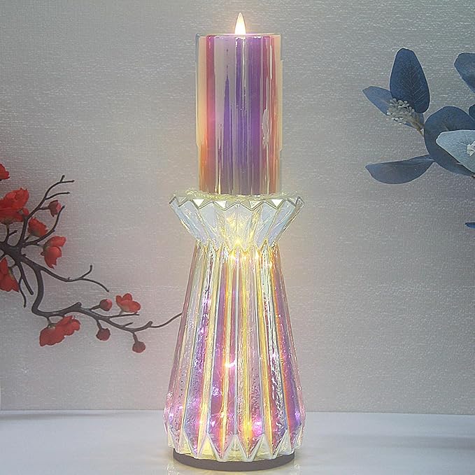 Home Decor, Mercury Glass Pillar Candle Pedestal Holders with Led Lights, Lighted up Candle Holder for Pillar Candle, Candlestick Holders with Timer for Wedding Home Dining Table Xmas (Colorful)