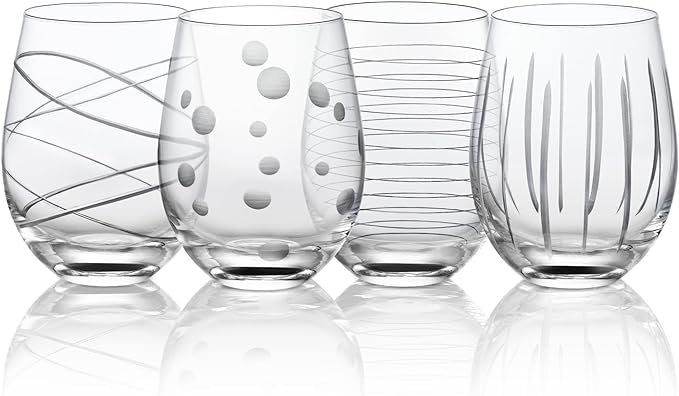 Joeyan Hand Blown Etched Stemless Wine Glasses with Dots Strips Pattern for Red Wine,Large Carved Drinking Glass Cups Tumblers for Wedding Anniversary Party Home,Set of 4,17.5 oz