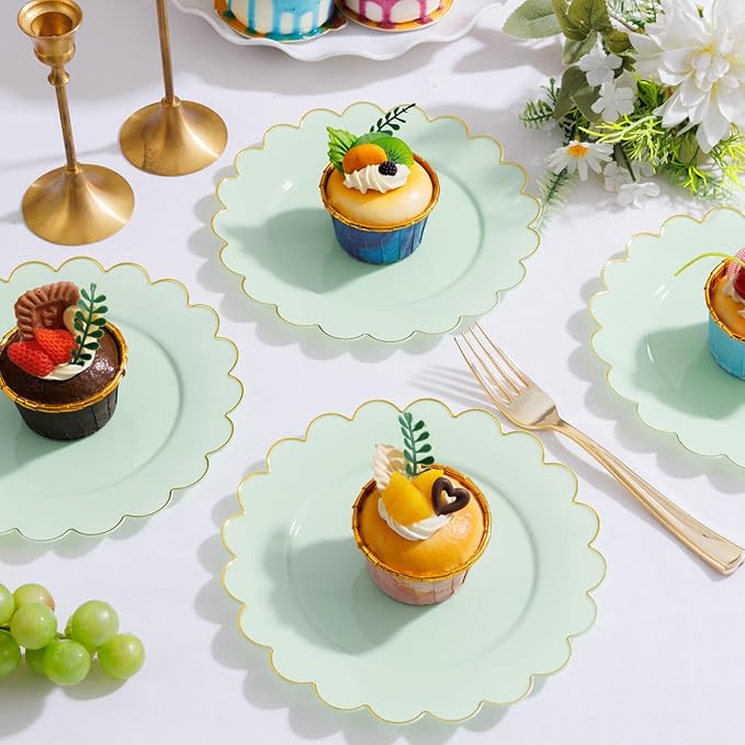 LIYH 100 Pcs Sage Green Dessert Plates Scalloped Plastic Cake Plate Gold Rim - 7.5 Inch Heavy-Duty Leak Proof Appetizer Plastic Plates for Birthday Wedding Holiday Party Self-Service Table Decor