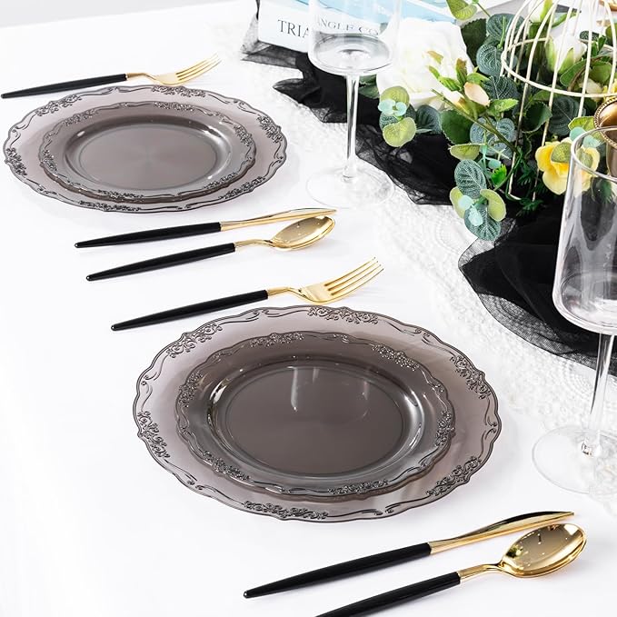 U-QE 100PCS Clear Black Plastic Plates - Heavy Duty Black Disposable Plates Including 50PCS 10'' Dinner & 50PCS 7.5'' Dessert Plates - Hard Plastic Platos for Party & Wedding & Bridal Shower