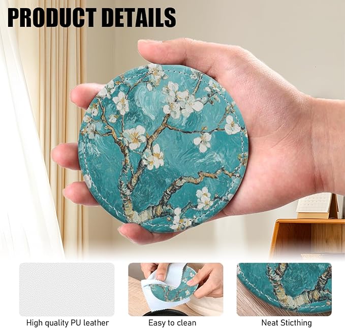 Coasters for Drinks PU Leather,Set of 6 with Holder,Round Housewarming Gift Home Decor,Teal Green Almond Flowers