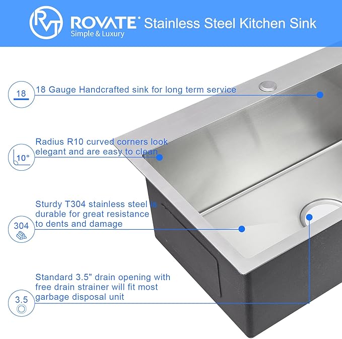 ROVATE 28 ×18 Inch Drop-in Kitchen Sink 304 Stainless Steel Single Bowl, Handmade 18 Gauge 9 Inches Deep Kitchen Sink Topmount with Basket Strainer