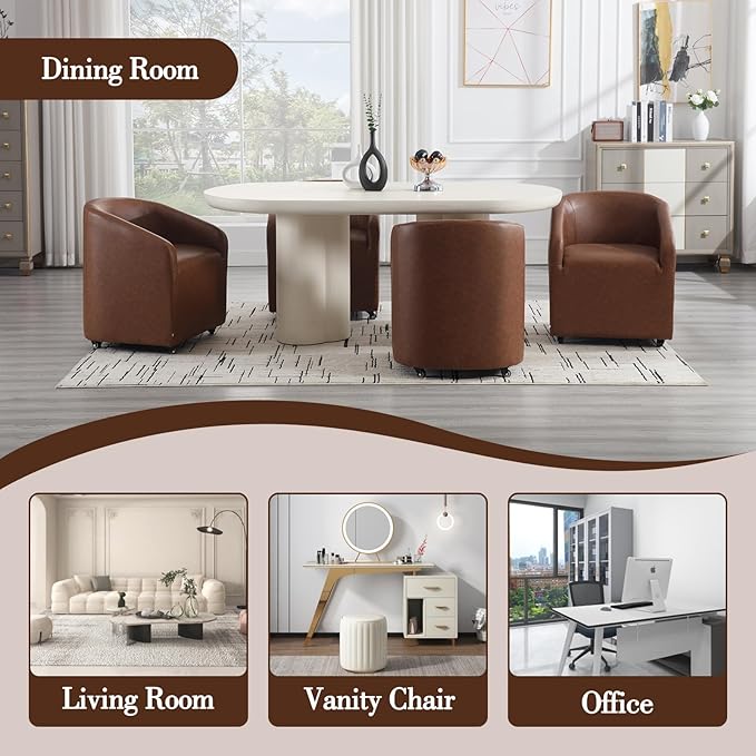 Modern Barrel Dining Chair with Rolling Casters, Upholstered PU Leather Swivel Dining Room Chair with Wheels for Kitchen Living Room Home Office, Brown
