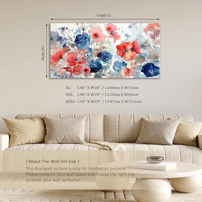 ADJUVANT Wall Art Watercolor Vibrant Floral 60"L x 30"W, Colorful Poppies With Soft Hues Canvas Painting Lively Blooms Artwork Delicate Tones Prints Wall Decor for Living Room Bedroom Bathroom Home Office