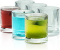 Ribbed Glass Cups Set, 13oz Vintage Drinking Glassware Set, 6 Piece Premium Glassware, Elegant Mixed Glassware Set, Origami Style Cocktail Glasses, Great for Whisky, Iced Coffee & Beverages (6PCS)