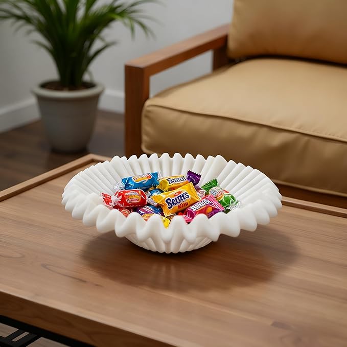 Large Decorative Bowl decor, Scalloped Pedestal Bowls for Modern Home Decor,Ruffle Decor,Stylish Key Bowl for Entry Table,Decorative Fruit Bowl for Kitchen Counter,Artificial Stone Milky White
