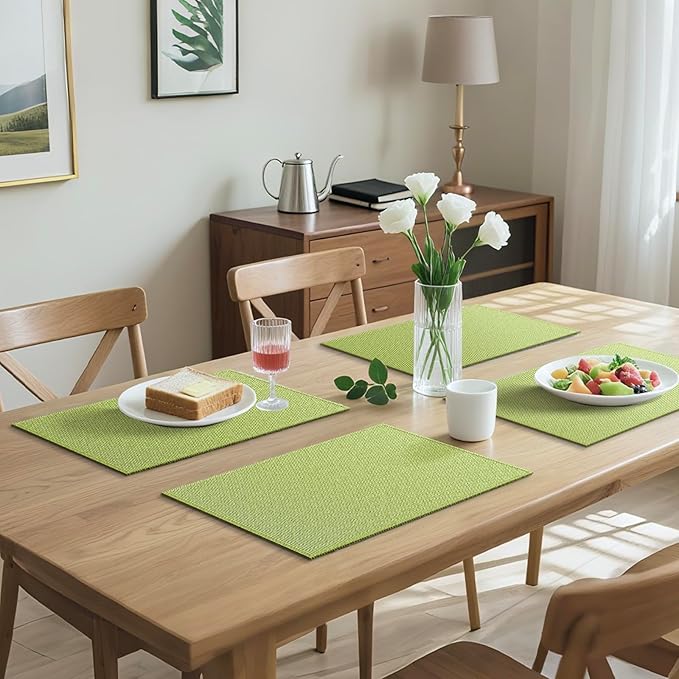 Blue Forest Placemats Set of 4, Dual-Layered Thickened Faux Linen Table Mats Heat Resistant Machine Washable Wrinkle Free Place Mats for Kitchen Dining Outdoor/Indoor (Grass Green)