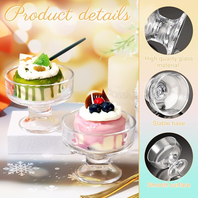 12 Pcs Glass Ice Cream Bowls Set 9 oz Mini Dessert Bowls Small Clear Ice Cream Cups Parfait Sundae Trifle Bowl Footed Glass Dessert Cups Serving Dishes for Nuts Fruit Pudding Snack Cereal Party Favors