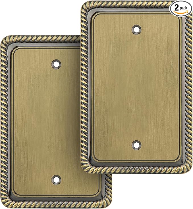 Henne Bery Rope Edge Decorative Wall Plate Switch Plate Outlet Cover (Single Blank, 2 Pack, Antique Brass)