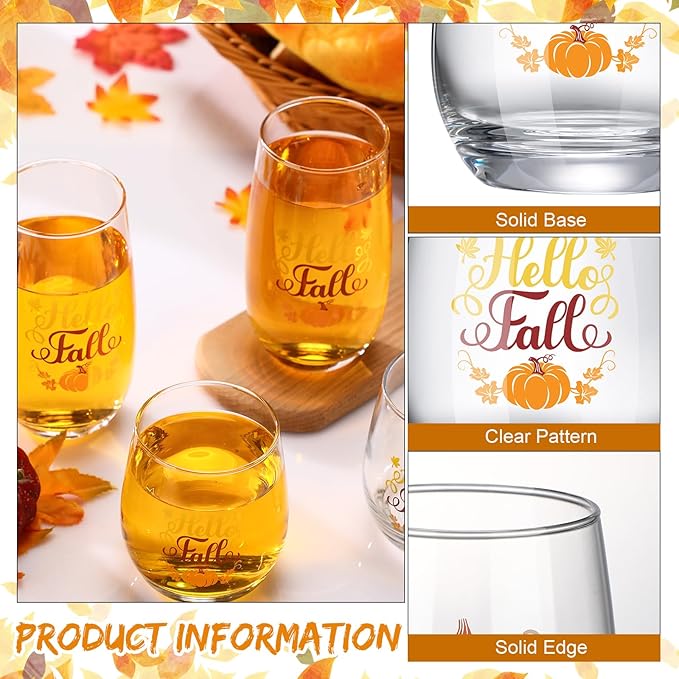 8 Pcs Autumn Wine Glasses Drinkware 4 Glass Cups 16 oz & 4 Short Stemless Wine Glasses 11oz Wine Glass Autumn Party Gift for Autumn Party Women Home Decor Gifts