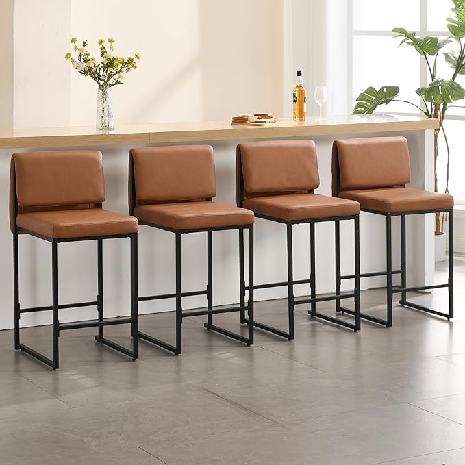 Modern Barstools Set of 4, 26” Upholstered Counter Height Bar Stools PU Leather Fabric Counter Stools with Padded Back Metal Frame for Kitchen Island Dining Room, Brown