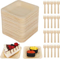 100 Pcs Disposable Palm Leaf Bowls, Square Bamboo Appetizer Plates, Compostable Wood Plates with Bamboo Forks for Birthday Wedding Party, Dessert, Catering and Home Use (4.4 x 4.4x0.5 Inch)