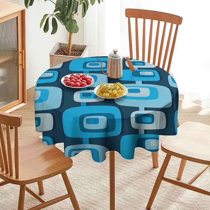 Mid Century Boho Round Tablecloth, Blue Mid Century Modern Art Abstract Geometric Pattern Retro Vintage Style Tablecloth for Home Party Dining Room Kitchen Decor 50Inch(127cm)