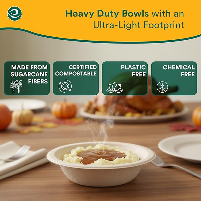 ECO SOUL 100% Compostable 12 Oz Soup Bowls [2 Packs of 100] Disposable Sturdy Bowls I Heavy Duty Paper Bowl I Eco-Friendly Salad Bowl I Biodegradable Small