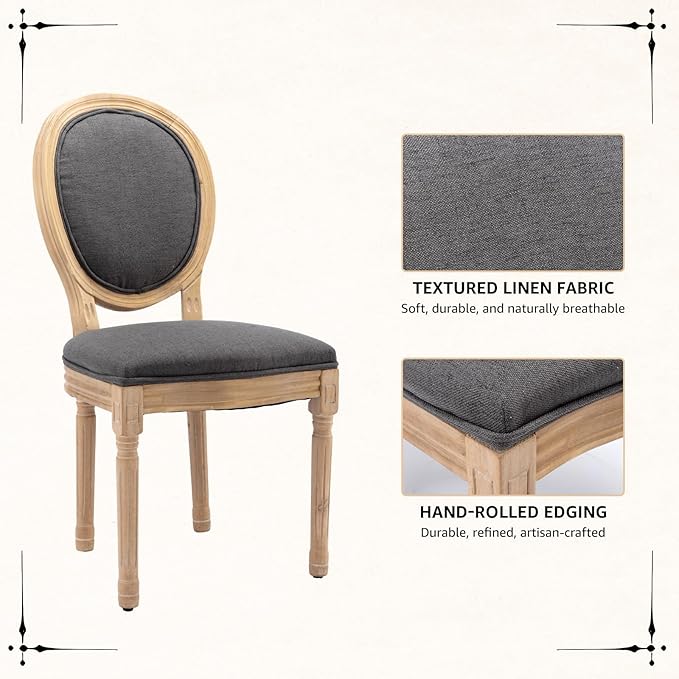 Vintage French Dining Chairs Set of 2, Round Back Accent Chairs with Linen Seat and Solid Wood Frame, Farmhouse Sillas de Comedor Upholstered for Dining Room & Kitchen, Gray