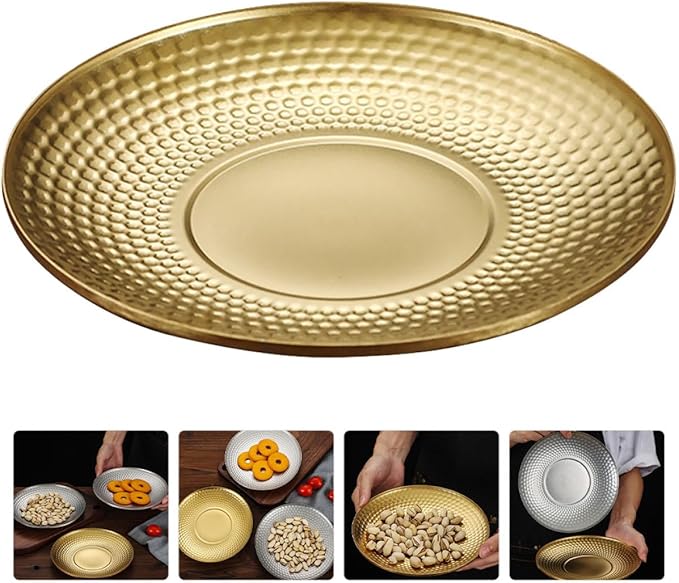 Sosoport Vintage Stainless Steel Fruit Serving Tray round Textured Dinner Plate Outdoor Camping Snack Platter Sturdy Gold Fruit Plates for Picnic and Party Use