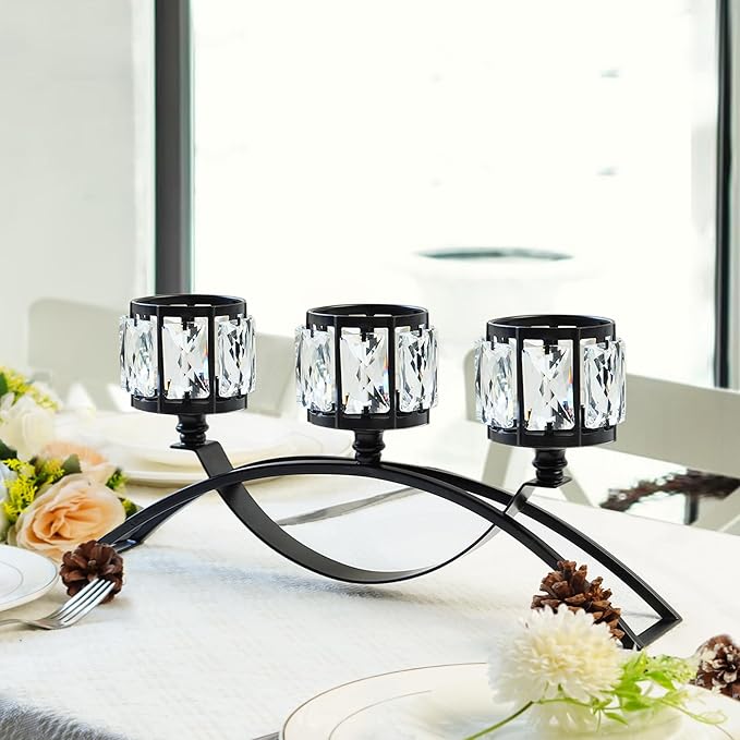 3 Arms Crystal Candle Holders, Arch Candlestick Table Candelabras Centerpieces for Wedding, Dinning Room, Cabinet Ornaments, Home Decoration， Gift (Black, 2 Pcs-3 Arm Arched)