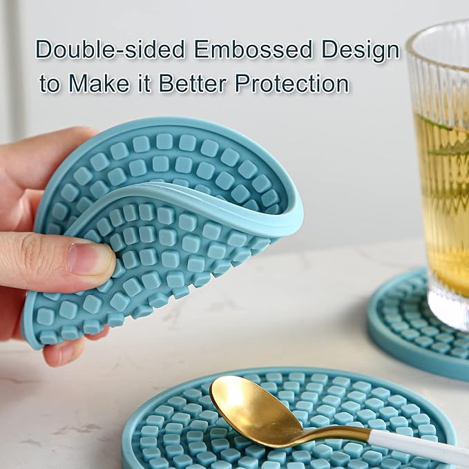Colinda Silicone Drink Coasters with Holder, Set of 6, Outdoor Cup Mat for Hot or Cold Drinks, Thickened, Non-Slip,Non-Stick, Malachite Green