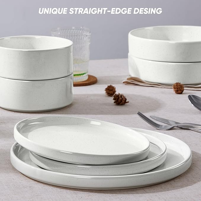 E-far 8-Piece Plates and Bowls Sets - Stoneware Dinnerware Sets with Pasta Bowls for 2 | Microwave & Dishwasher Safe Kitchen Modern Dish Set, Speckled White