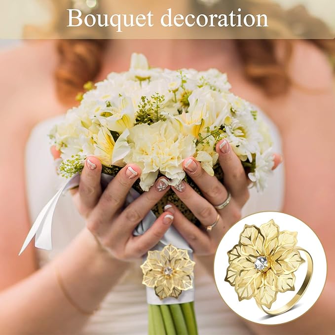 Hotop 24 Pcs Gold Napkin Rings Flower Napkin Holders Buckles Hollow Out Rhinestone Christmas Delicate Serviette Buckles for Thanksgiving Party Gathering Dinner Wedding Banquet Holiday Table Decor