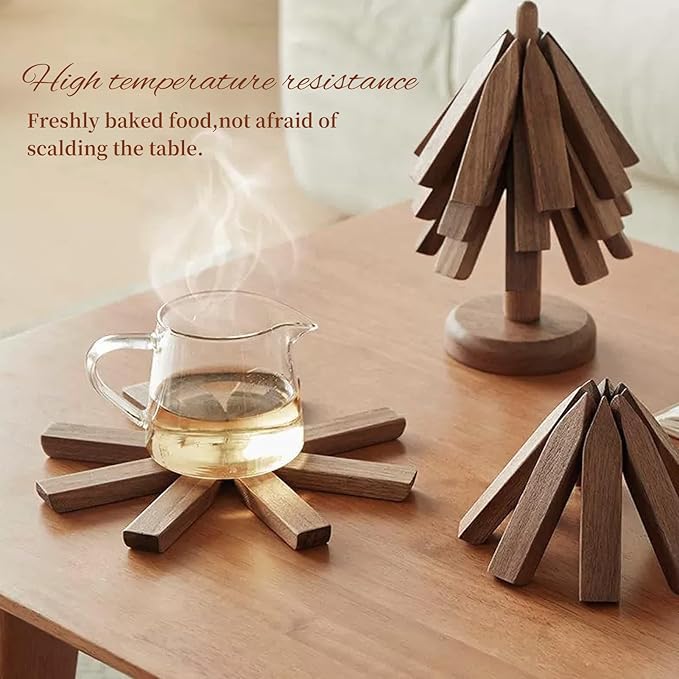 Trivets for Hot Dishes - Tree Washer Set, Wooden Pinwheel Coaster Set with Stand for Easy Storage - for Fondue pots, Pans, Bowls, teapots, Warming Trays - Versatile Decorations (A Walnut 4 pcs)