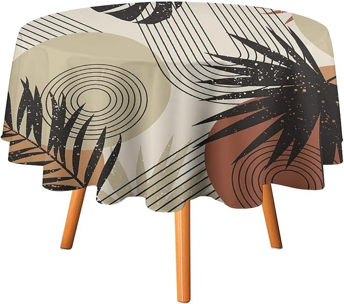 Boho Medieval Abstract Leaves Round Tablecloth, Mid Century Modern Bohemian Style Print Tablecloth for Home Party Dining Room Kitchen Decor 50Inch(127cm)