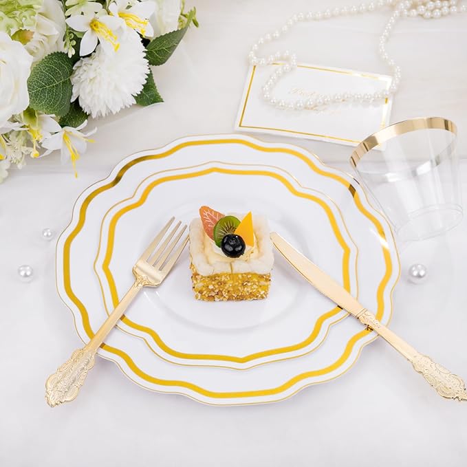 YOUBET 350 PCS White and Gold Plastic Plates - Disposable Plates for 50 Guests Tableware Includes 150 Gold Plastic Silverware, 50 Cups, 50 Napkins, for Wedding Party & Thanksgiving