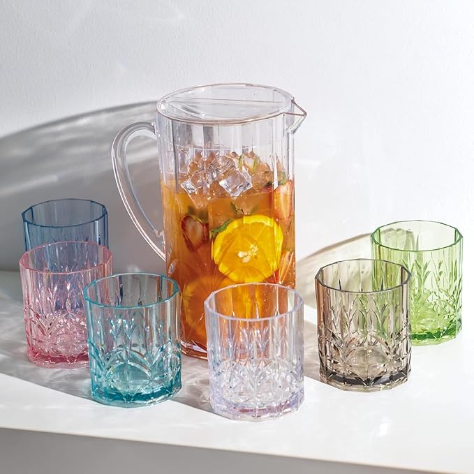 BELLAFORTE Shatterproof Tritan Plastic Short Tumbler, Set of 4, 13oz - Myrtle Beach Unbreakable Crystal Cut Old Fashioned Drinking Glasses for Party, Gifting - BPA Free - Dishwasher Safe - Smok Grey